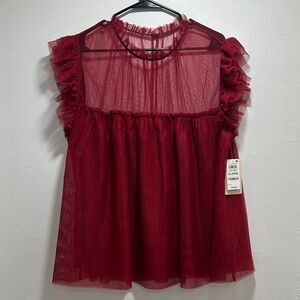 Elegant Sheer Ruffle Blouse in Deep Red